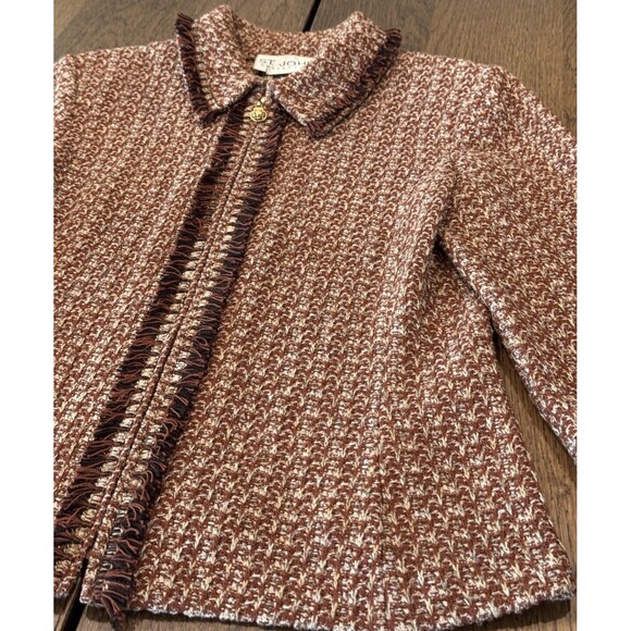 St. John Knit Painterly Tweed Boucle Jacket Women’s Sz 6 Russet Fringe Full Zip - Picture 3 of 12